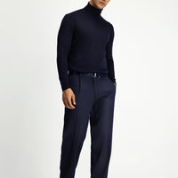 Koyu Lacivert 7 Drop Slim Fit Dar Kesim Likralı Esnek Beli Lastikli Pileli Kanvas / Chino Pantolon