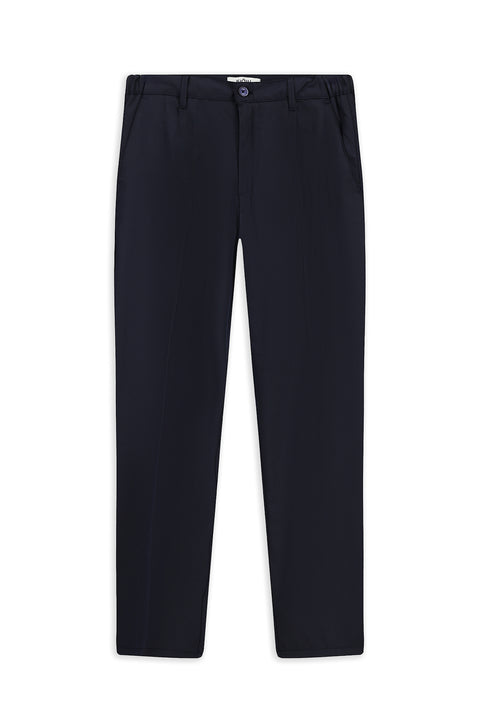 Koyu Lacivert Straight Relaxed Fit Likralı Esnek Beli Lastikli Pileli Kanvas / Chino Pantolon