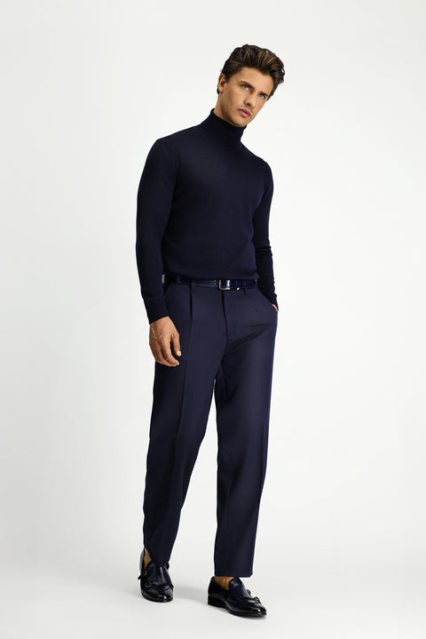 Koyu Lacivert Straight Relaxed Fit Likralı Esnek Beli Lastikli Pileli Kanvas / Chino Pantolon