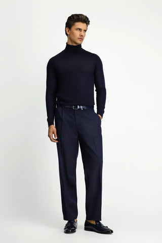  Koyu Lacivert Straight Relaxed Fit Likralı Esnek Beli Lastikli Pileli Kanvas / Chino Pantolon