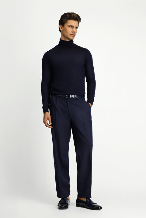Koyu Lacivert Straight Relaxed Fit Likralı Esnek Beli Lastikli Pileli Kanvas / Chino Pantolon