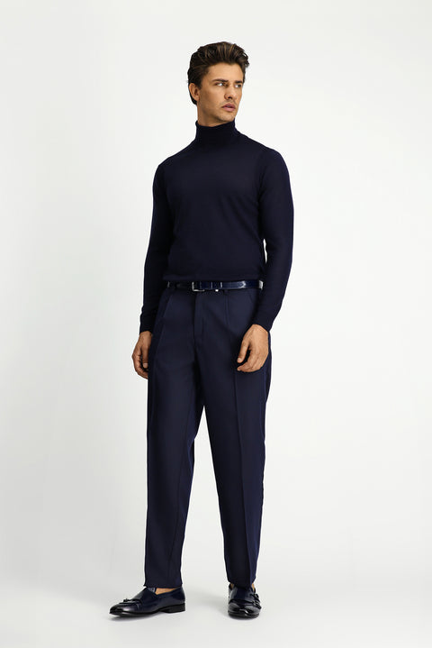 Koyu Lacivert 7 Drop Slim Fit Dar Kesim Likralı Esnek Beli Lastikli Pileli Kanvas / Chino Pantolon
