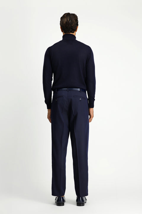 Koyu Lacivert Straight Relaxed Fit Likralı Esnek Beli Lastikli Pileli Kanvas / Chino Pantolon
