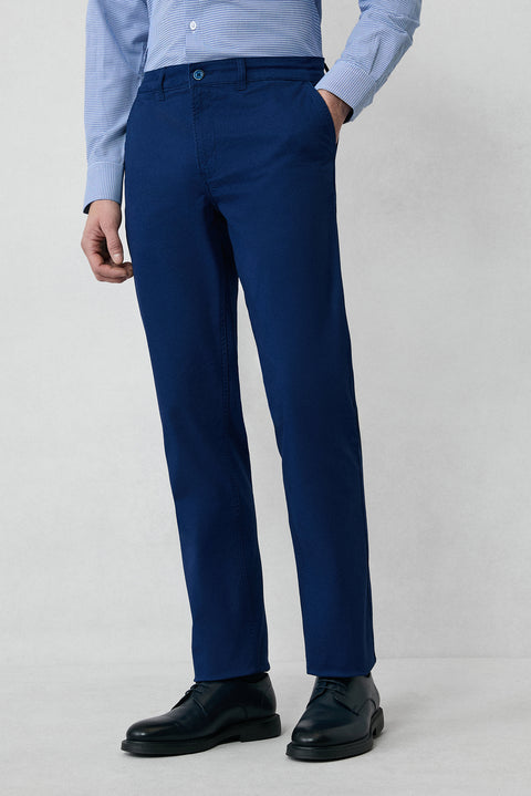 Mid-Navy Regular Fit Standard Cut Stretchy Side Pocket Canvas / Chino Trousers