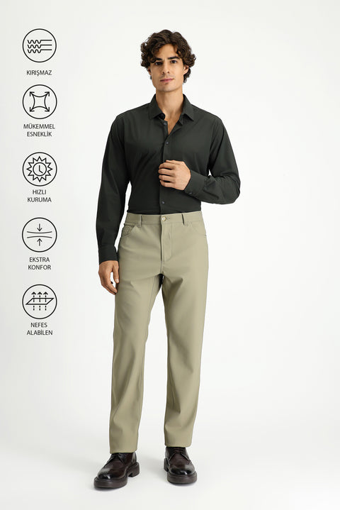 Orta Bej Techno-Line Regular Fit Standart Kesim Çantalı Kanvas / Chino Pantolon