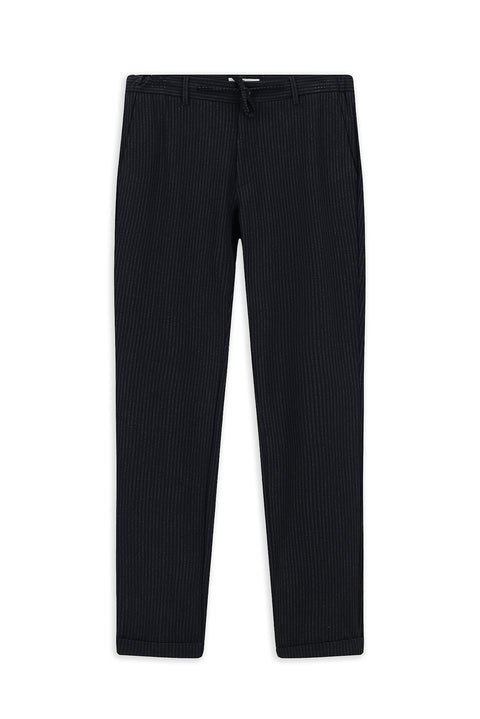 Dark Navy Regular Fit Standard Cut Striped Lycra Elastic Waist Drawstring Trousers