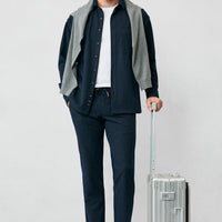 Dark Navy Regular Fit Standard Cut Striped Lycra Elastic Waist Drawstring Trousers