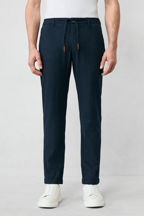 Dark Navy Regular Fit Standard Cut Striped Lycra Elastic Waist Drawstring Trousers