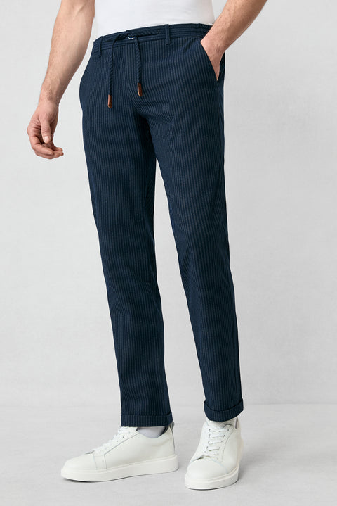 Dark Navy Regular Fit Standard Cut Striped Lycra Elastic Waist Drawstring Trousers