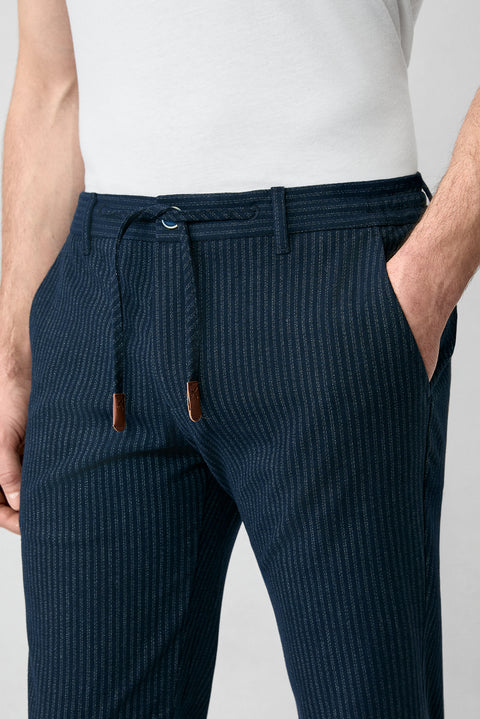 Dark Navy Regular Fit Standard Cut Striped Lycra Elastic Waist Drawstring Trousers