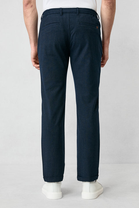 Dark Navy Regular Fit Standard Cut Striped Lycra Elastic Waist Drawstring Trousers