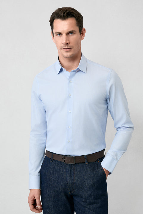Blue Long Sleeve Slim Fit Narrow Cut Cotton Classic Striped Shirt