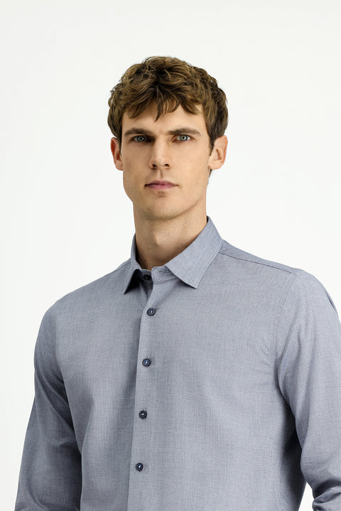 Light Navy Blue Long Sleeve Slim Fit Patterned Cotton Shirt