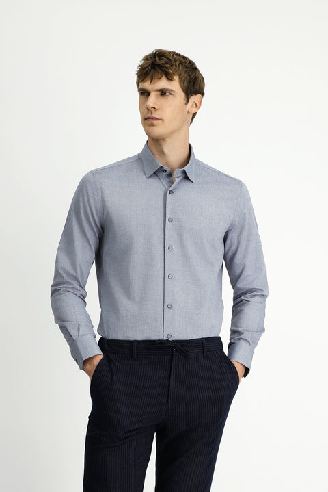 Light Navy Blue Long Sleeve Slim Fit Patterned Cotton Shirt