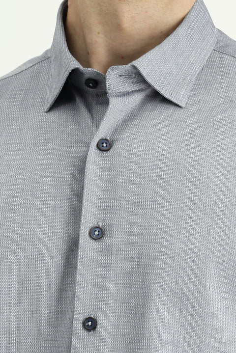 Light Navy Blue Long Sleeve Slim Fit Patterned Cotton Shirt