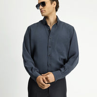 Medium Gray Long Sleeve Regular Fit Button-Down Collar Pocket Modal Blend Shirt