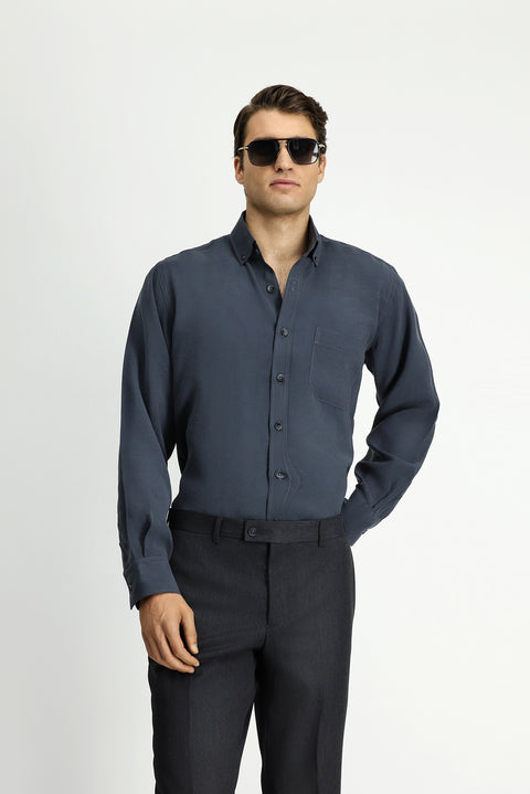 Medium Gray Long Sleeve Regular Fit Button-Down Collar Pocket Modal Blend Shirt