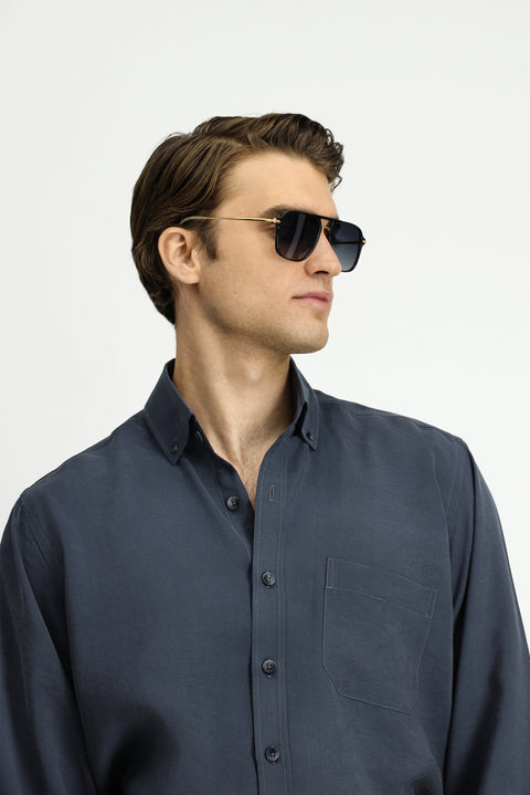 Medium Gray Long Sleeve Regular Fit Button-Down Collar Pocket Modal Blend Shirt