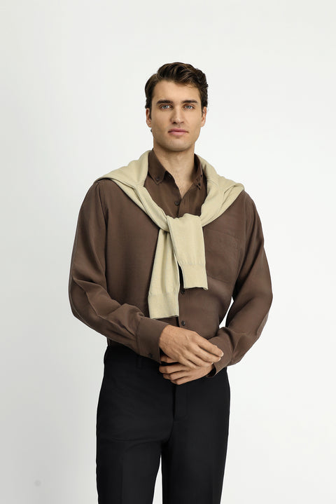 Dark Brown Long Sleeve Regular Fit Button-Down Collar Pocket Shirt