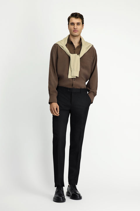 Dark Brown Long Sleeve Regular Fit Button-Down Collar Pocket Shirt