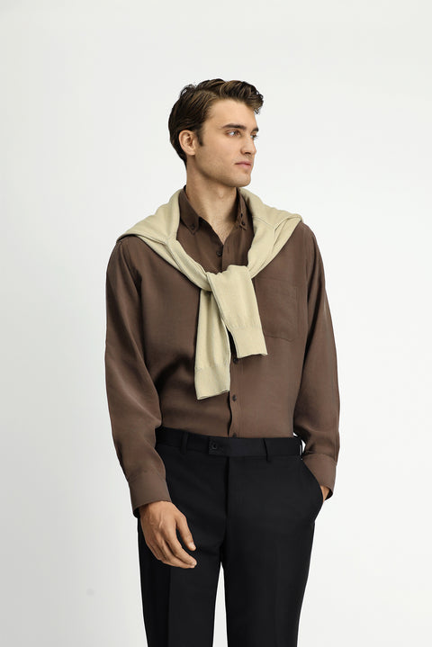 Dark Brown Long Sleeve Regular Fit Button-Down Collar Pocket Shirt
