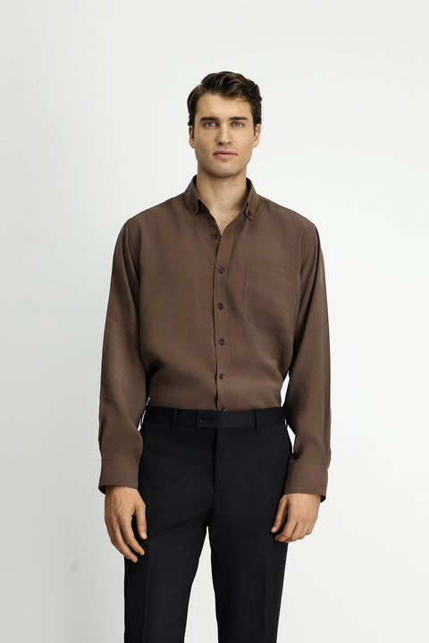 Dark Brown Long Sleeve Regular Fit Button-Down Collar Pocket Shirt