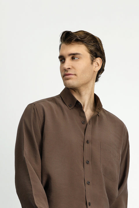 Dark Brown Long Sleeve Regular Fit Button-Down Collar Pocket Shirt