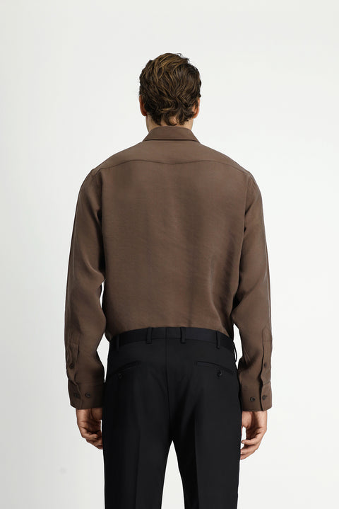 Dark Brown Long Sleeve Regular Fit Button-Down Collar Pocket Shirt