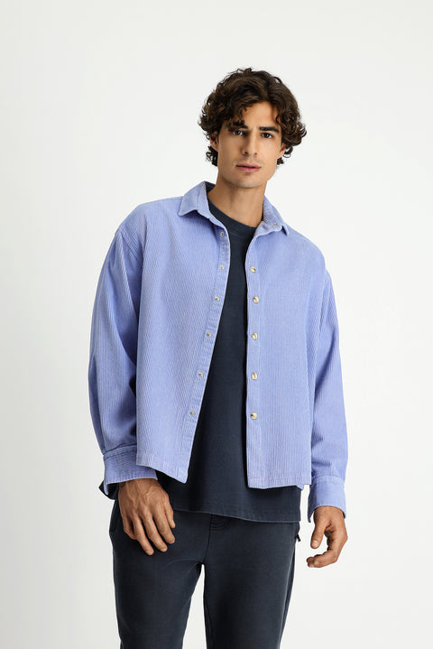 Light Blue Long Sleeve Oversize Extra Comfortable Fit Cotton Velvet Sport Shirt