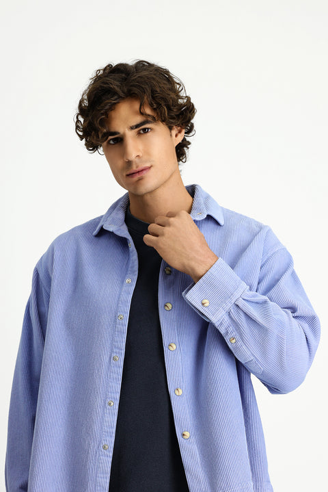 Light Blue Long Sleeve Oversize Extra Comfortable Fit Cotton Velvet Sport Shirt