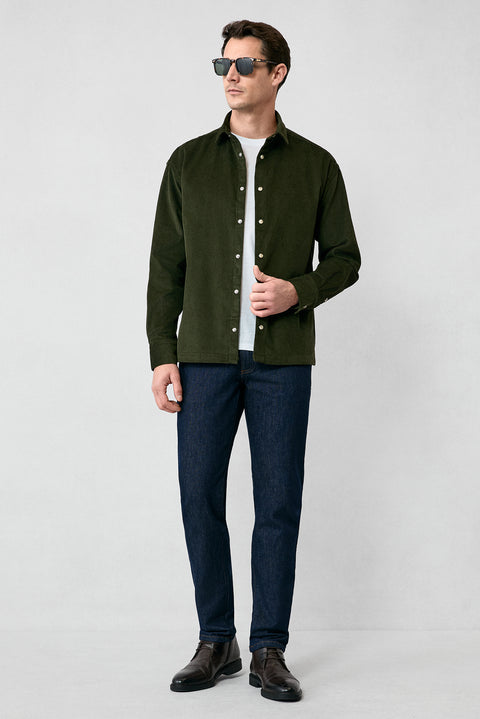 Medium Khaki Long Sleeve Oversize Extra Relaxed Fit Cotton Sports Velvet Shirt