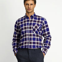 Dark Navy Long Sleeve Regular Fit Plaid Pocket Button-Down Collar Cotton Shirt