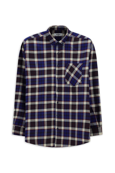 Dark Navy Long Sleeve Regular Fit Plaid Pocket Button-Down Collar Cotton Shirt