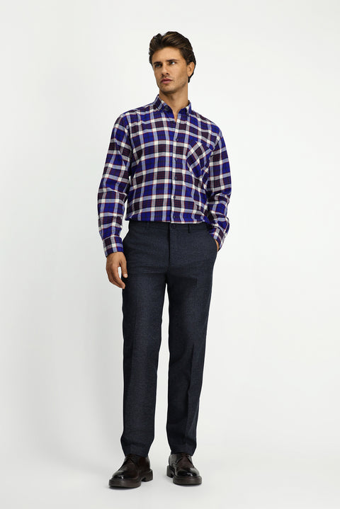 Dark Navy Long Sleeve Regular Fit Plaid Pocket Button-Down Collar Cotton Shirt