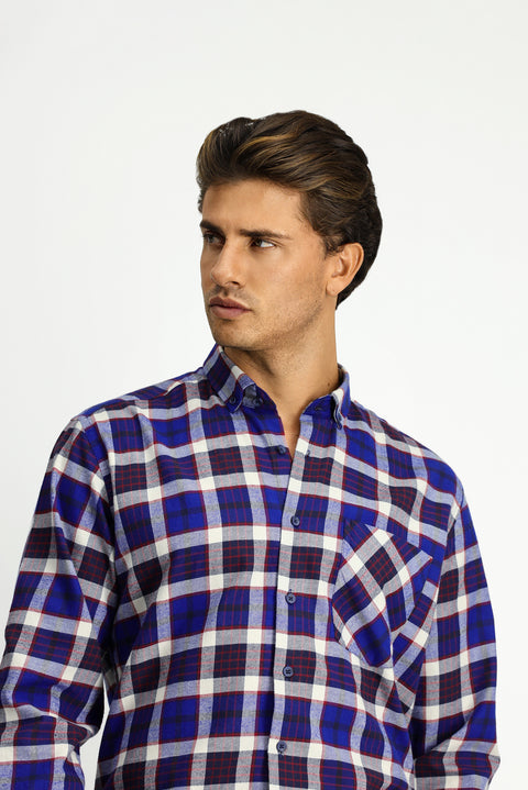 Dark Navy Long Sleeve Regular Fit Plaid Pocket Button-Down Collar Cotton Shirt
