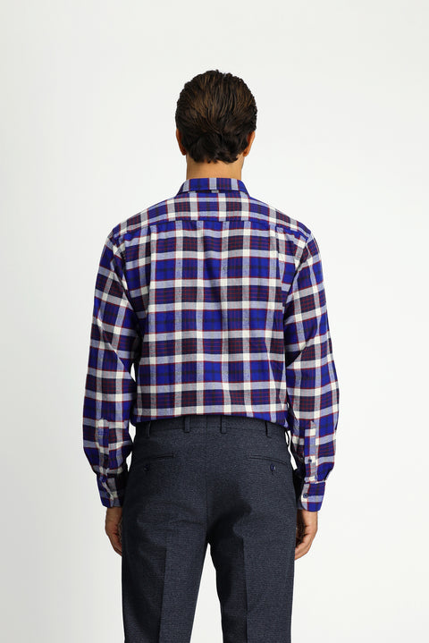 Dark Navy Long Sleeve Regular Fit Plaid Pocket Button-Down Collar Cotton Shirt