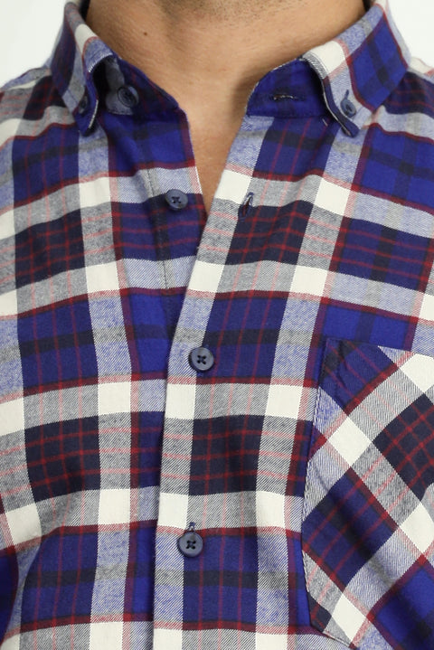 Dark Navy Long Sleeve Regular Fit Plaid Pocket Button-Down Collar Cotton Shirt