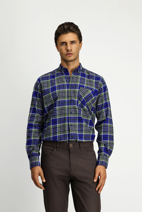 Dark Green Long Sleeve Regular Fit Plaid Pocket Button-Down Collar Cotton Shirt