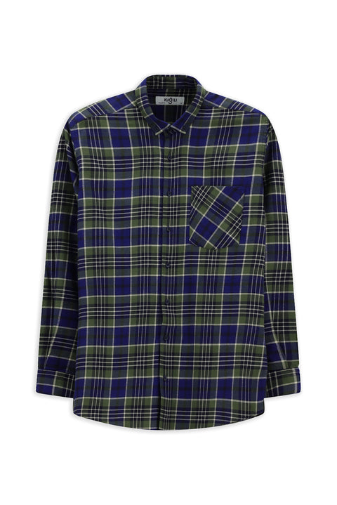 Dark Green Long Sleeve Regular Fit Plaid Pocket Button-Down Collar Cotton Shirt