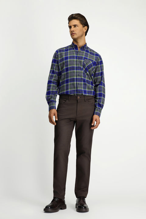 Dark Green Long Sleeve Regular Fit Plaid Pocket Button-Down Collar Cotton Shirt