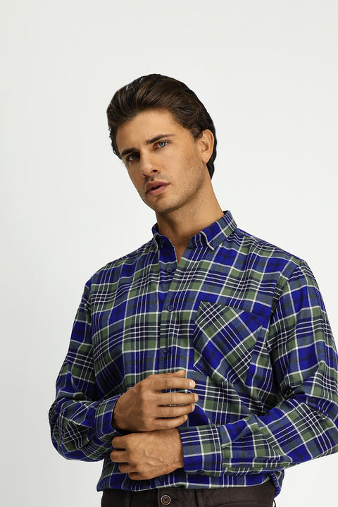 Dark Green Long Sleeve Regular Fit Plaid Pocket Button-Down Collar Cotton Shirt
