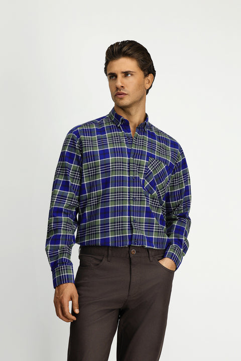 Dark Green Long Sleeve Regular Fit Plaid Pocket Button-Down Collar Cotton Shirt