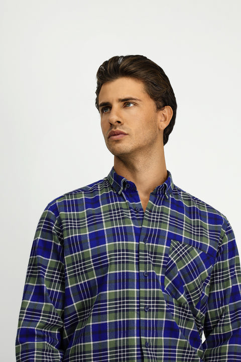 Dark Green Long Sleeve Regular Fit Plaid Pocket Button-Down Collar Cotton Shirt