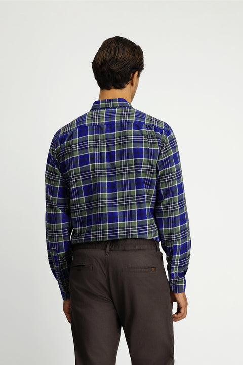 Dark Green Long Sleeve Regular Fit Plaid Pocket Button-Down Collar Cotton Shirt