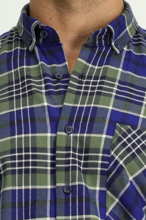 Dark Green Long Sleeve Regular Fit Plaid Pocket Button-Down Collar Cotton Shirt