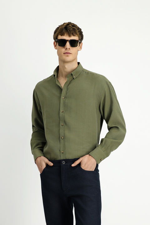 Medium Khaki Long Sleeve Oversize Extra Relaxed Fit Button-Down Collar Lyocell Blend Shirt