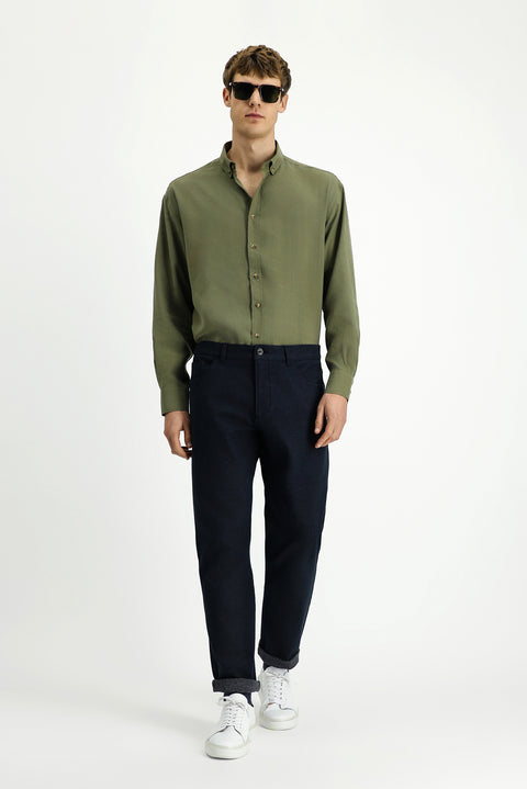 Medium Khaki Long Sleeve Oversize Extra Relaxed Fit Button-Down Collar Lyocell Blend Shirt