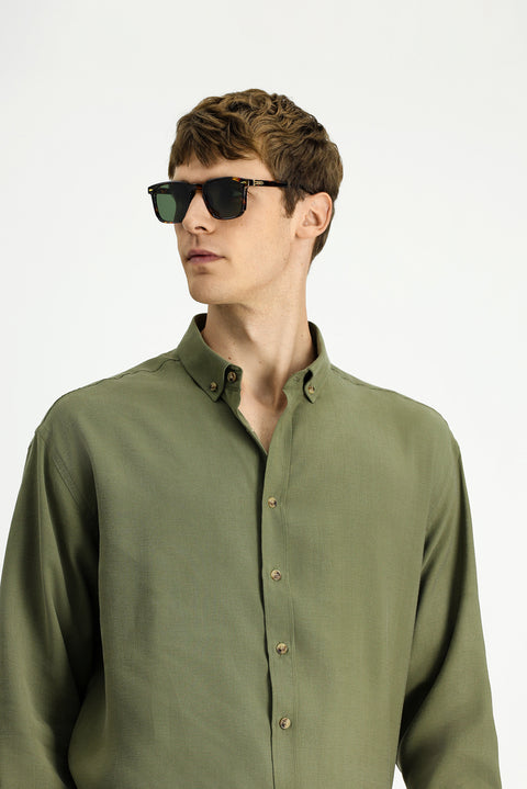 Medium Khaki Long Sleeve Oversize Extra Relaxed Fit Button-Down Collar Lyocell Blend Shirt