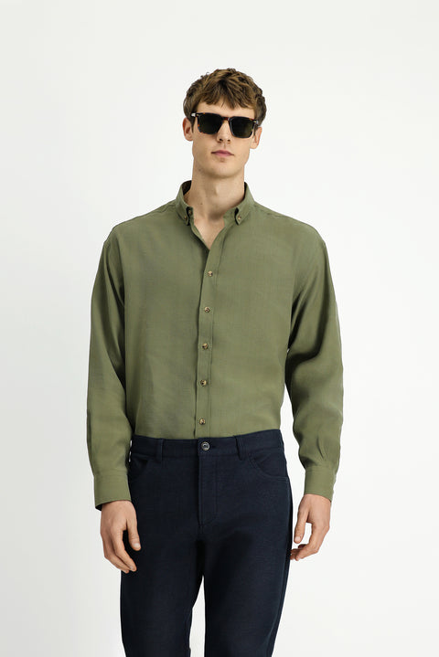 Medium Khaki Long Sleeve Oversize Extra Relaxed Fit Button-Down Collar Lyocell Blend Shirt