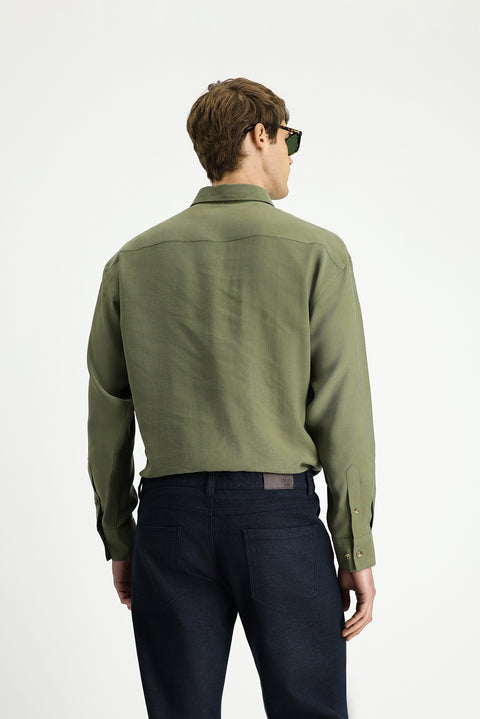 Medium Khaki Long Sleeve Oversize Extra Relaxed Fit Button-Down Collar Lyocell Blend Shirt